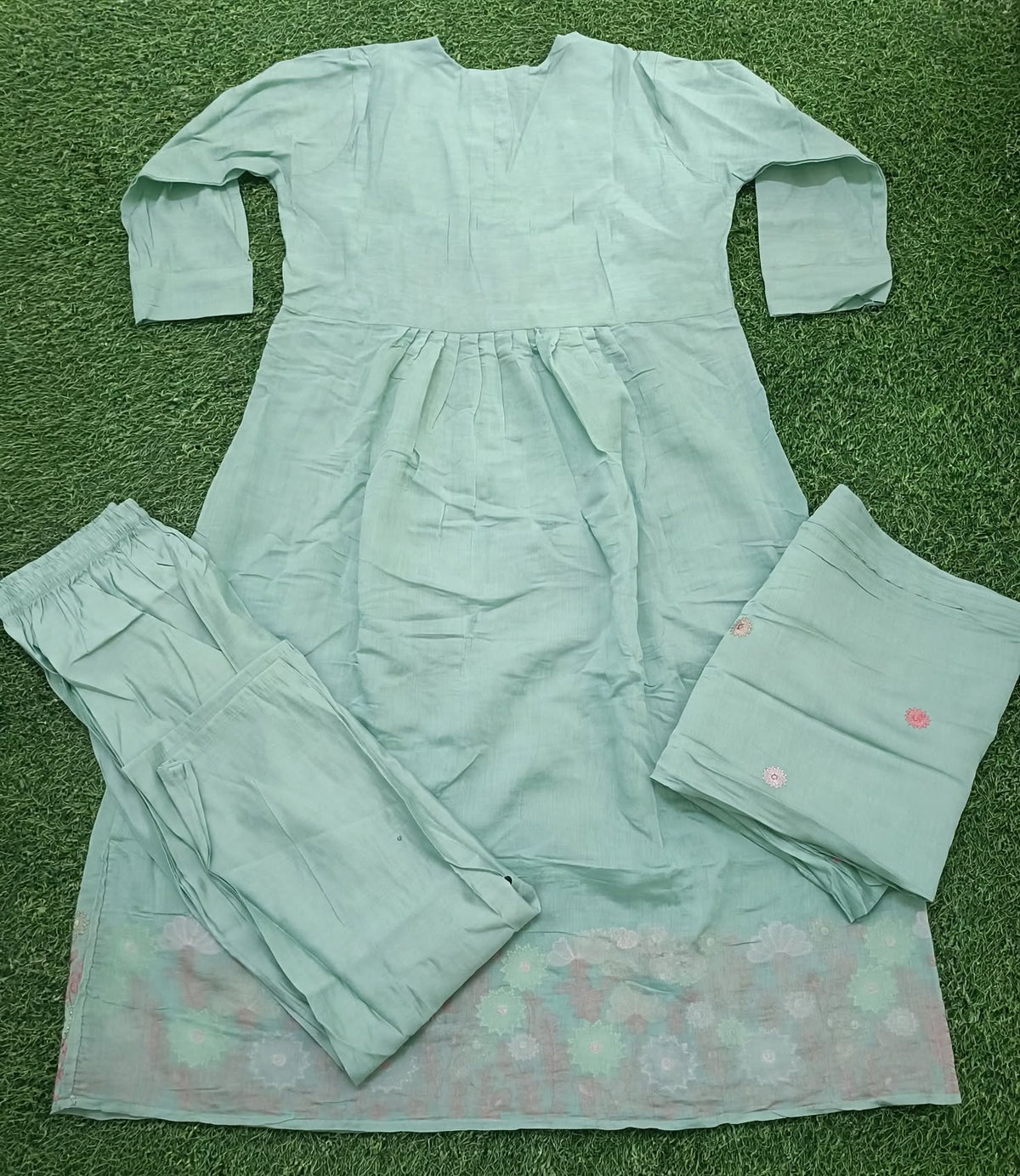 Women’s Pista Green Mulchandheri Embroidered Flared 3-Piece Kurti Set