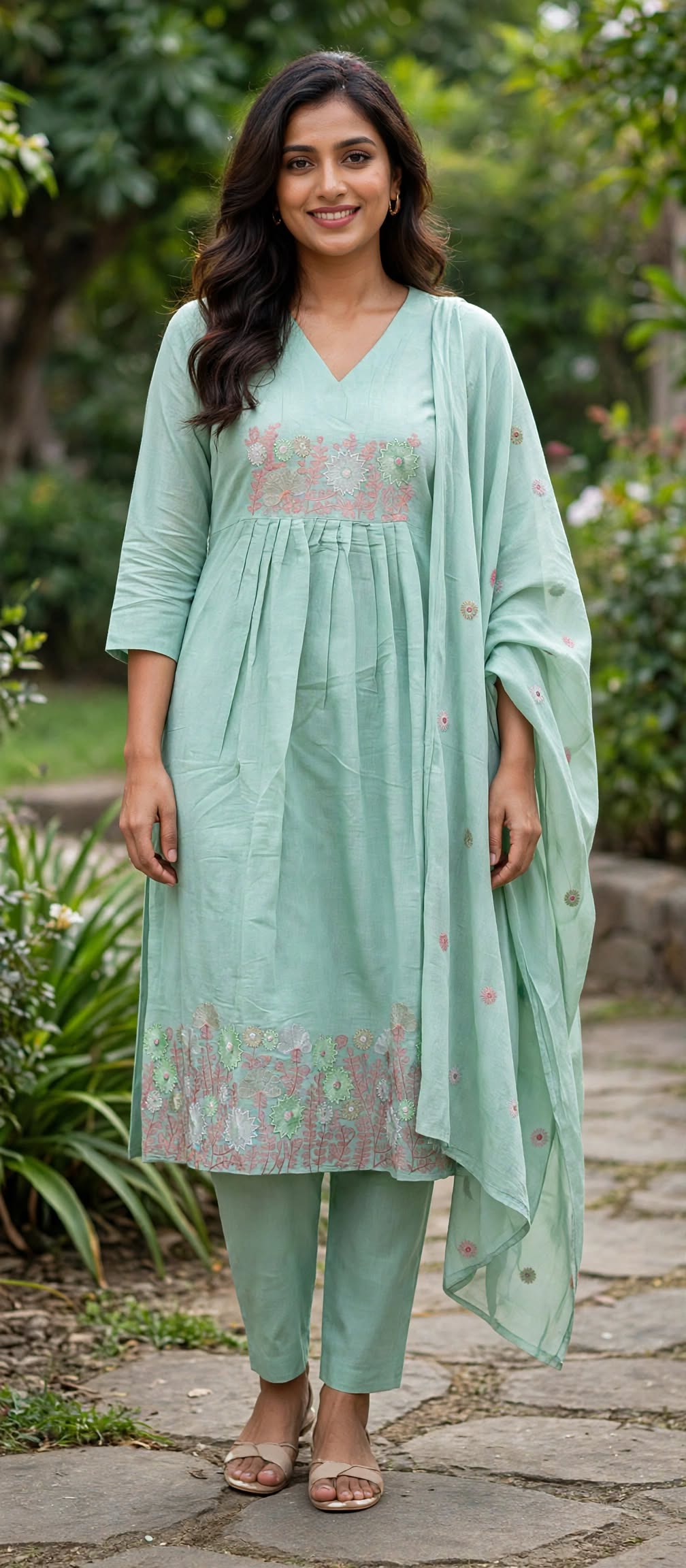 Women’s Pista Green Mulchandheri Embroidered Flared 3-Piece Kurti Set