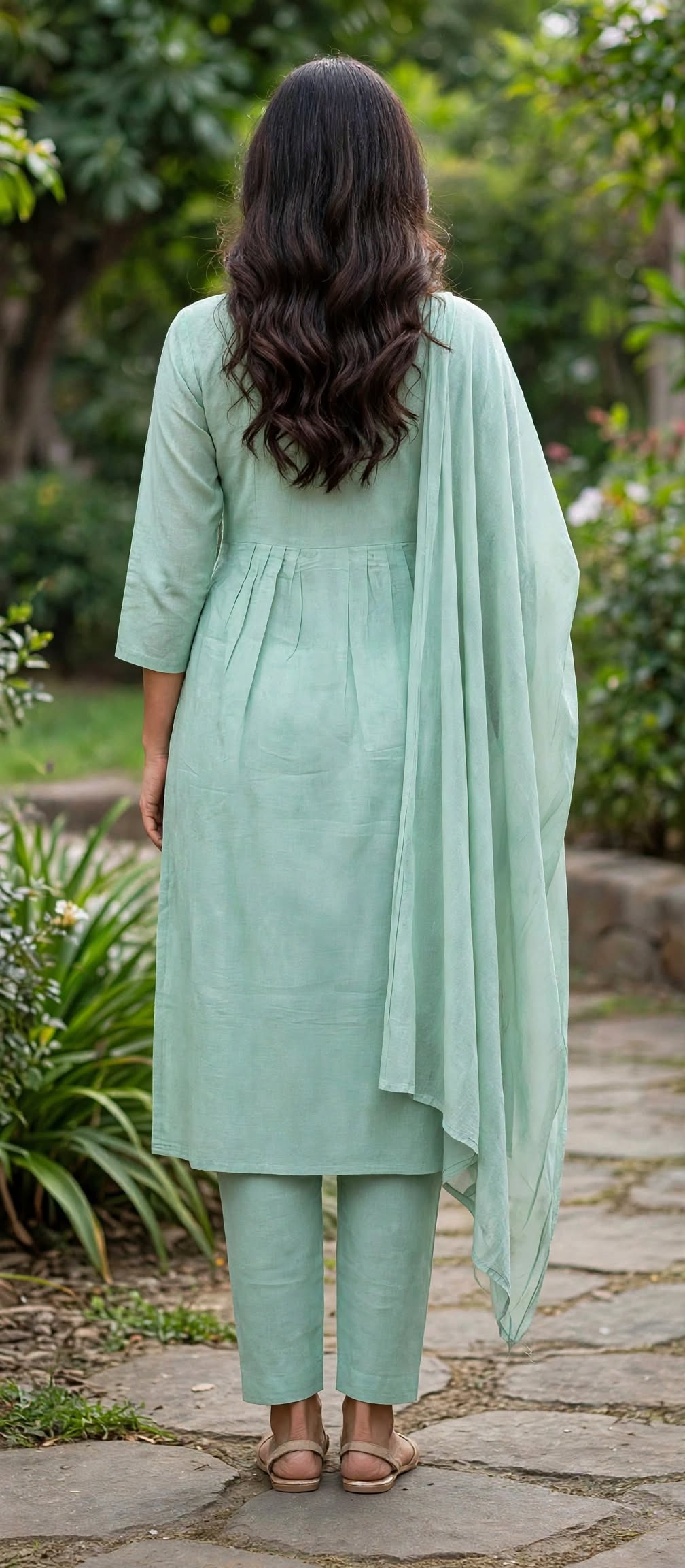 Women’s Pista Green Mulchandheri Embroidered Flared 3-Piece Kurti Set