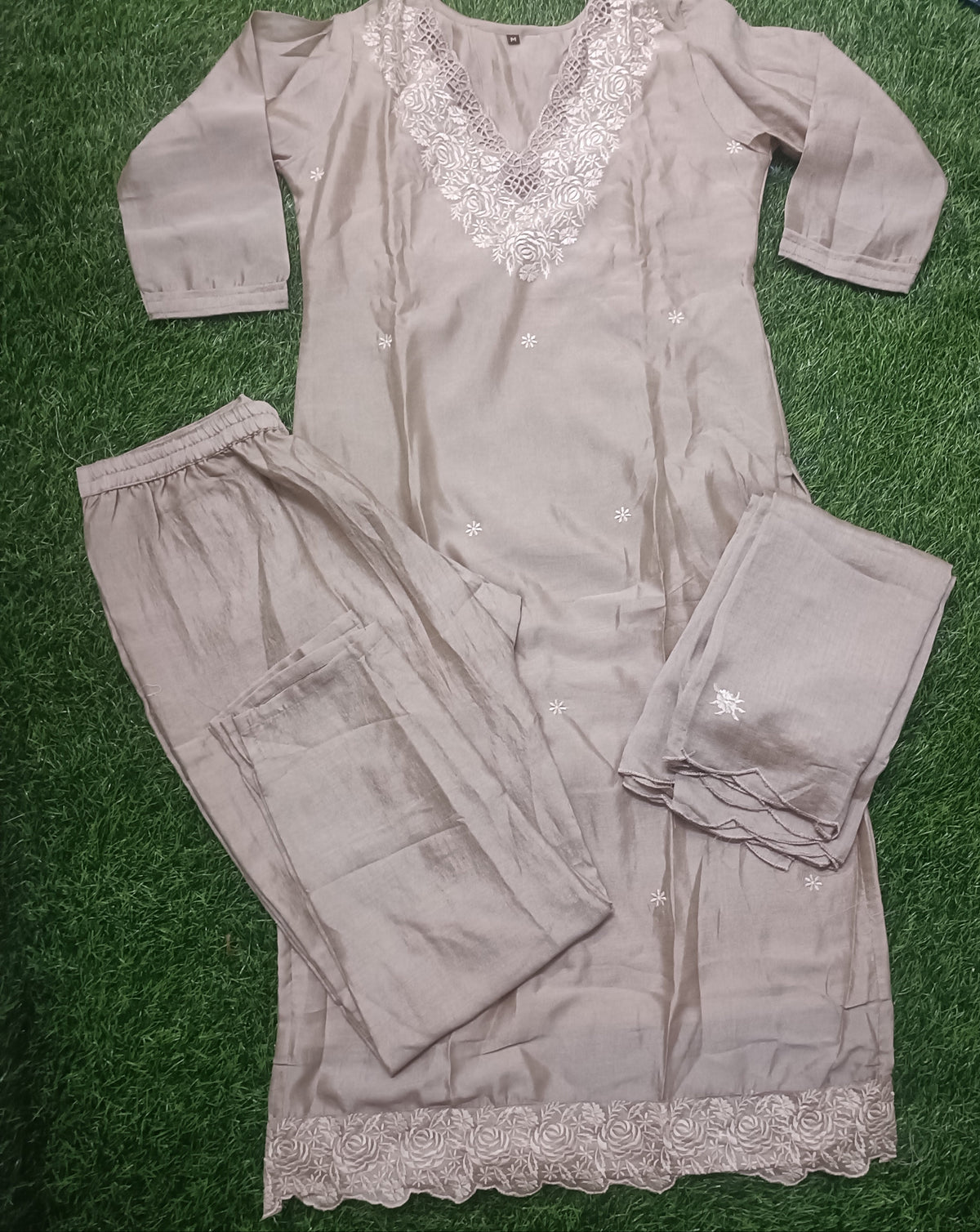 Women’s Light Taupe Silk Blend Embroidered 3-Piece Kurti set