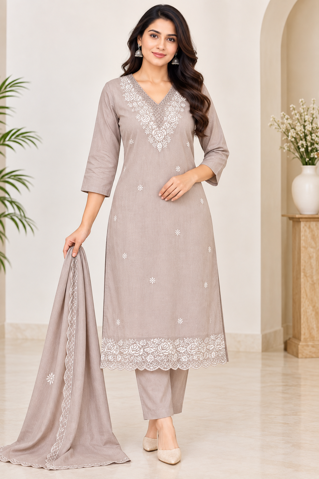 Women’s Light Taupe Silk Blend Embroidered 3-Piece Kurti set