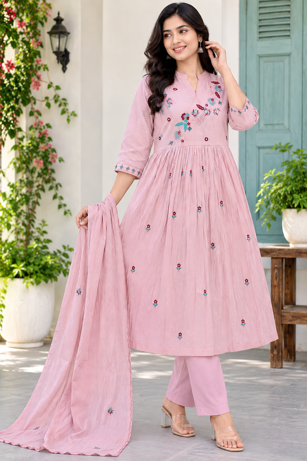 Dusty Pink Embroidered Anarkali Kurti Set