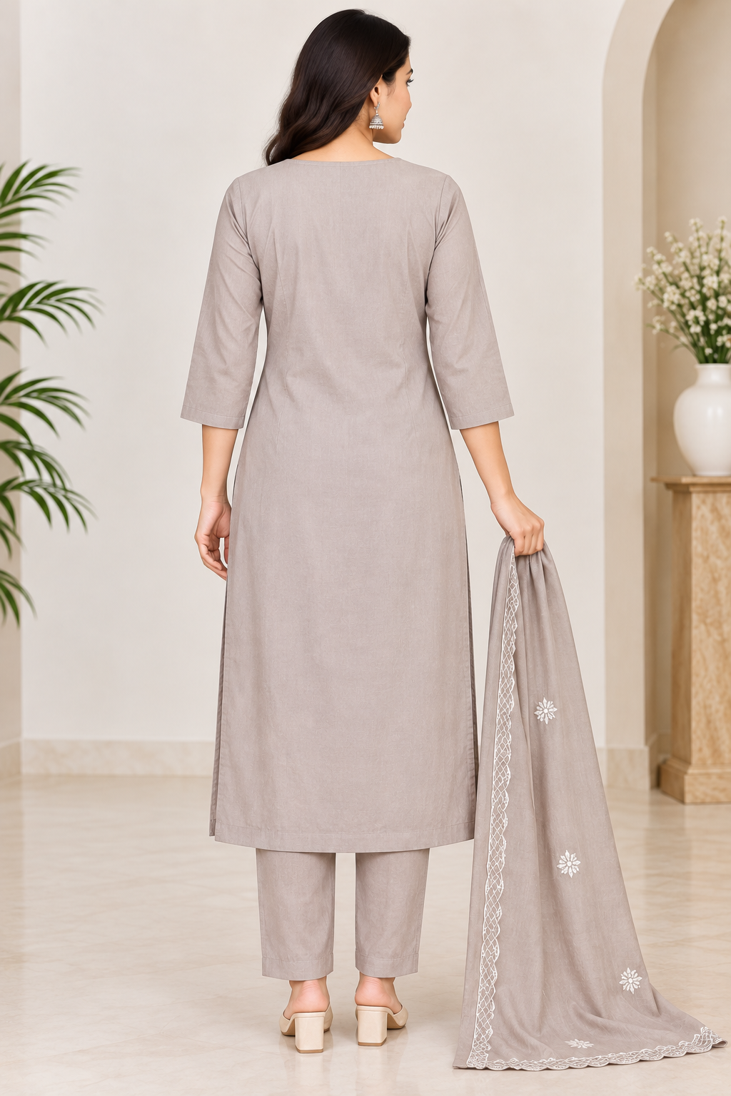 Women’s Light Taupe Silk Blend Embroidered 3-Piece Kurti set