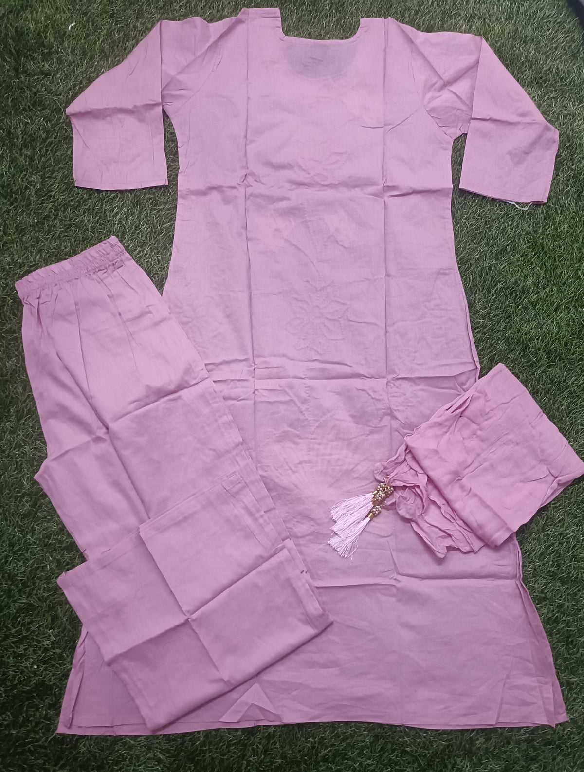 Women’s Dusty Pink Cotton Blend Floral Embroidered 3-Piece Kurti set