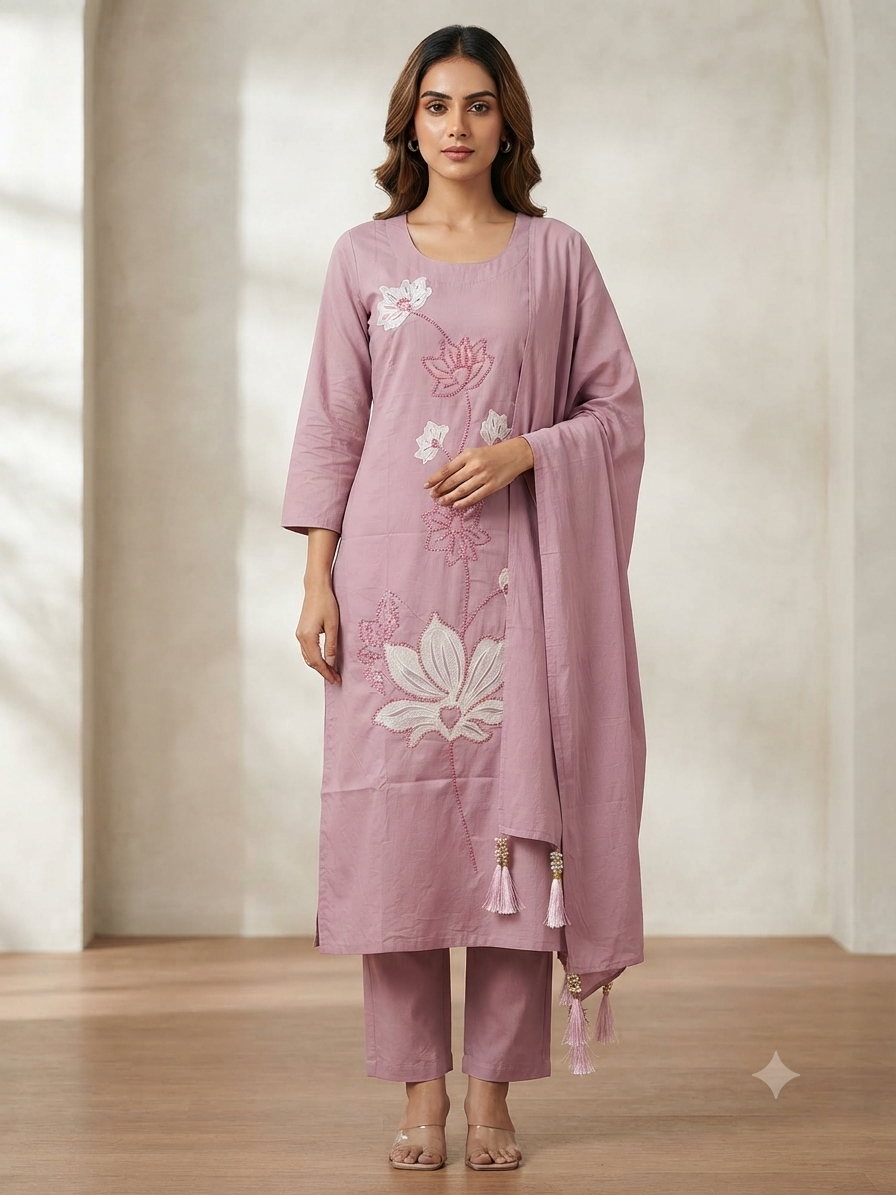 Women’s Dusty Pink Cotton Blend Floral Embroidered 3-Piece Kurti set