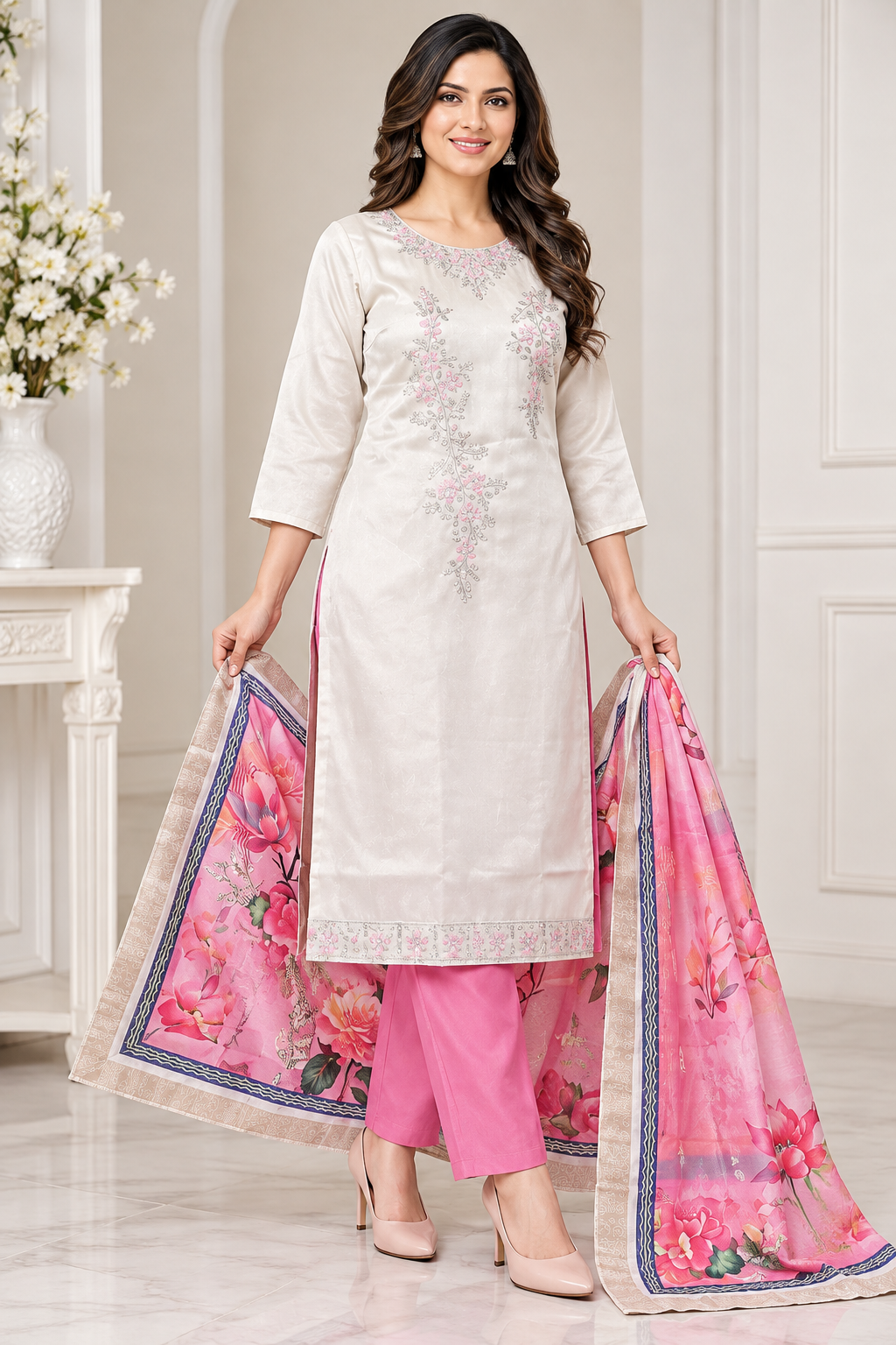 Women’s Off-White Silk Blend Embroidered 3-Piece Kurti set