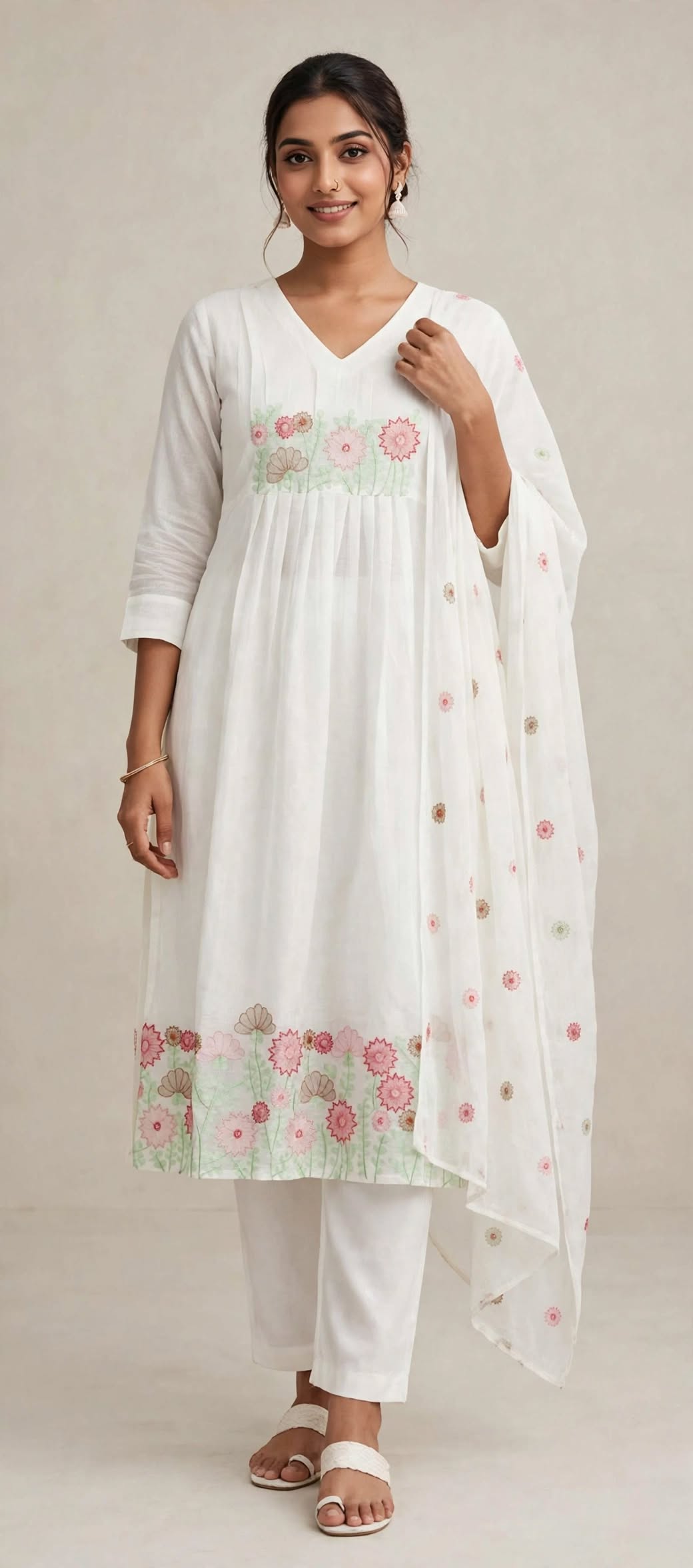 Women’s Off White Cotton Blend Floral Embroidered 3-Piece Kurti set