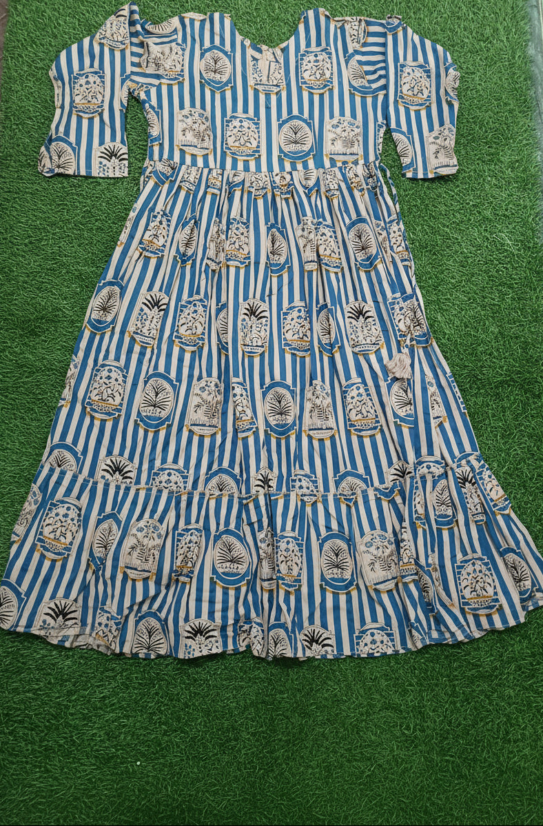 Women’s Blue & Cream Cotton Printed Long Flared Kurti