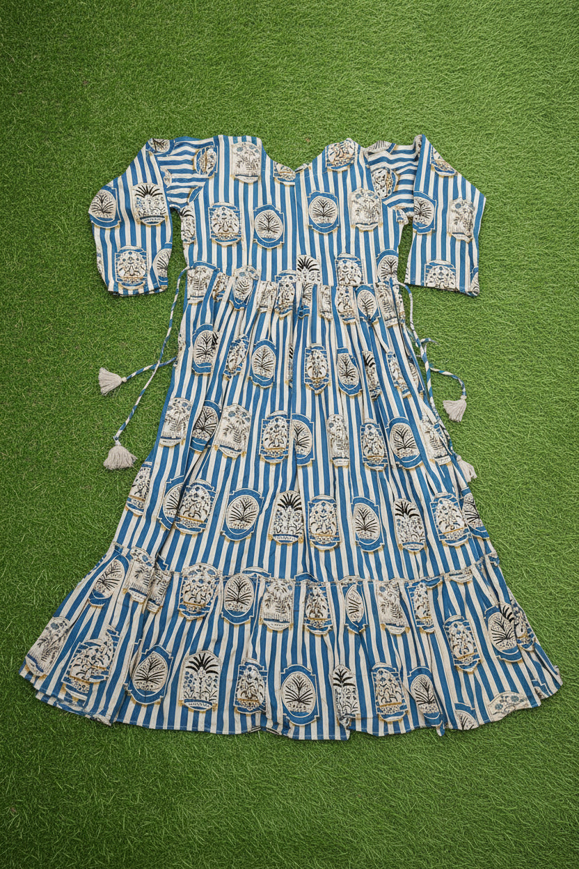 Women’s Blue & Cream Cotton Printed Long Flared Kurti