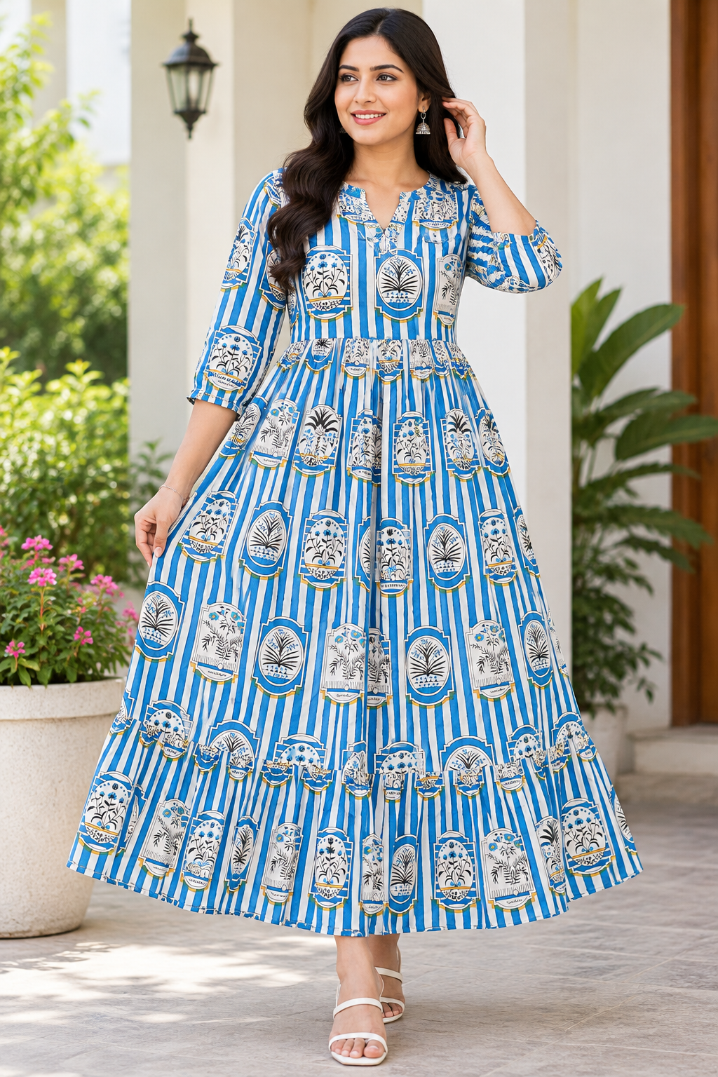 Women’s Blue & Cream Cotton Printed Long Flared Kurti