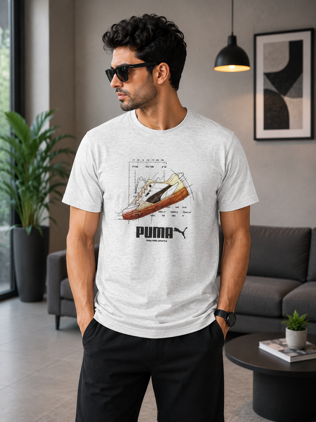 PUMA Men’s Light Grey Heather Shoe Graphic Printed Round Neck T-Shirt