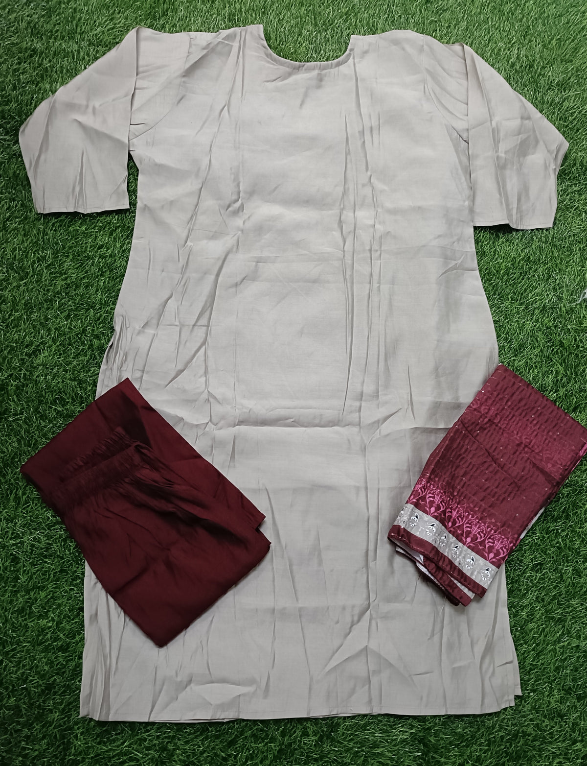 Women’s Light Grey Cotton Embroidered 3-Piece Kurti set with Maroon Pants & Dupatta