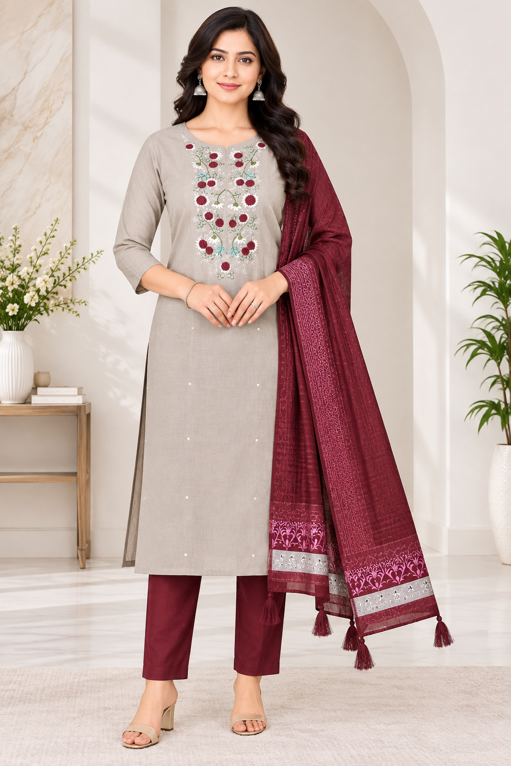 Women’s Light Grey Cotton Embroidered 3-Piece Kurti set with Maroon Pants & Dupatta