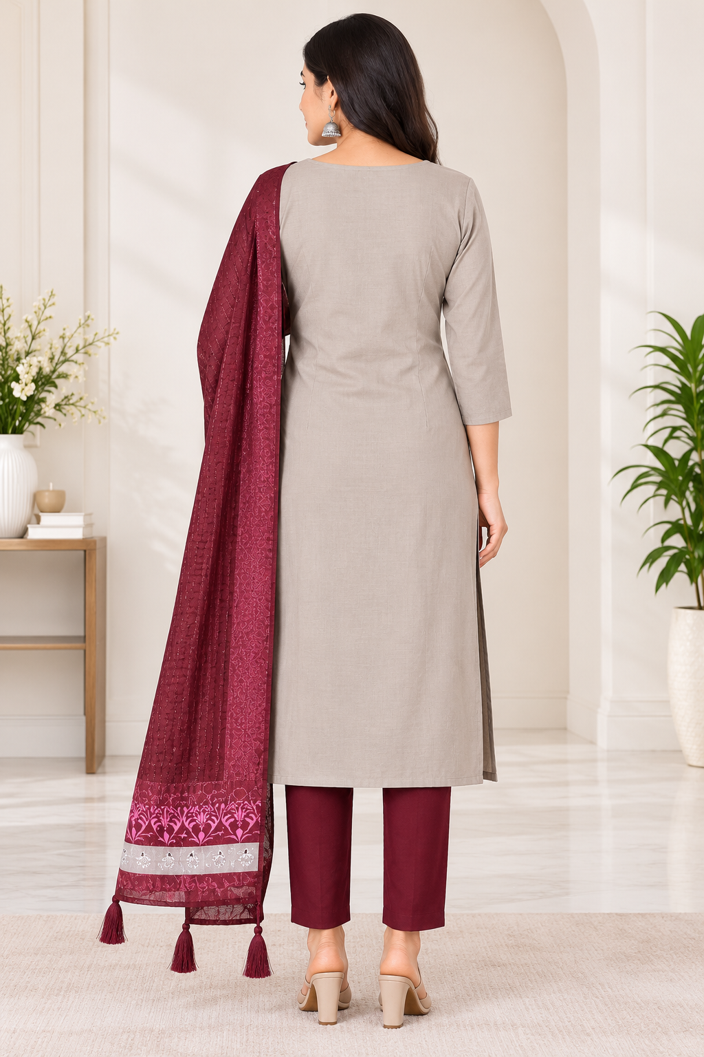 Women’s Light Grey Cotton Embroidered 3-Piece Kurti set with Maroon Pants & Dupatta