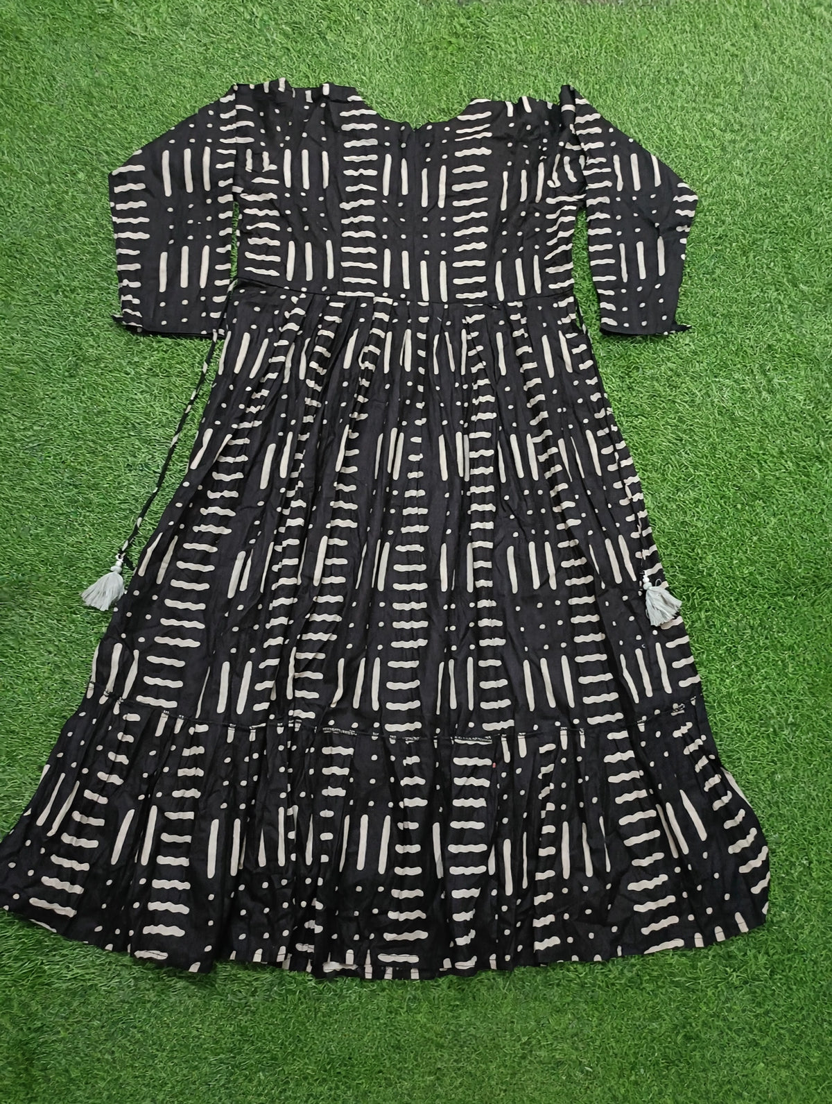 Women’s Black Cotton Geometric Printed Tiered Long Kurti