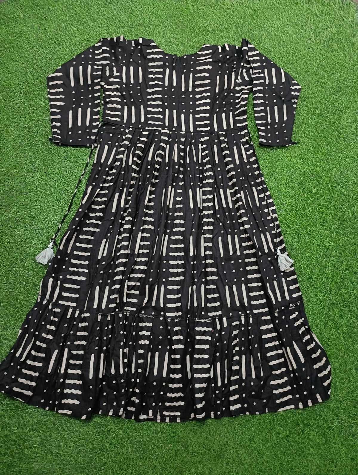 Women’s Black Cotton Geometric Printed Tiered Long Kurti