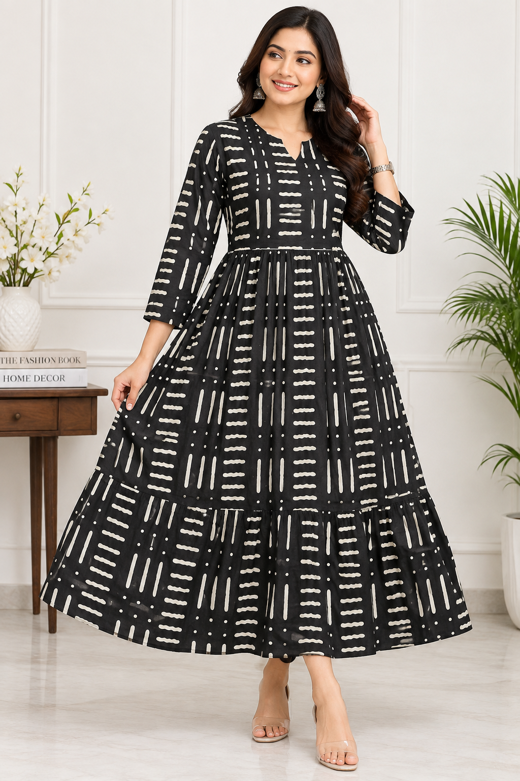 Women’s Black Cotton Geometric Printed Tiered Long Kurti