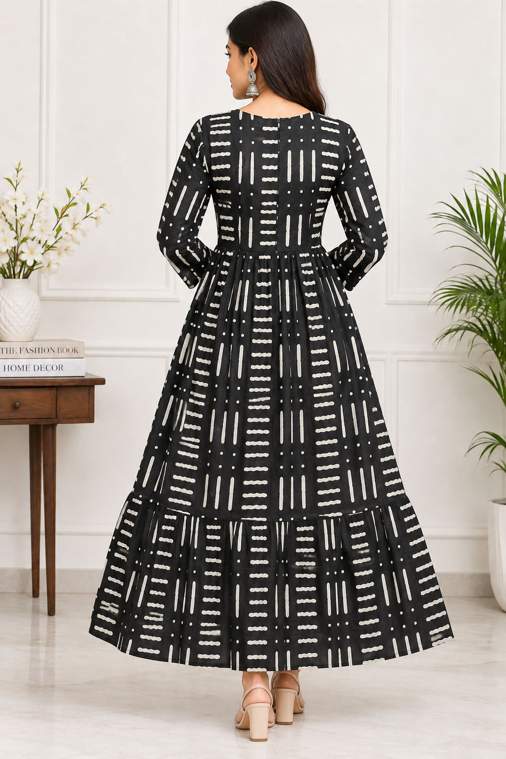 Women’s Black Cotton Geometric Printed Tiered Long Kurti
