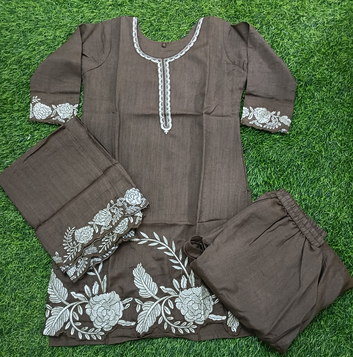 Women’s Chocolate Brown Cotton Blend Embroidered 3-Piece Kurti Set