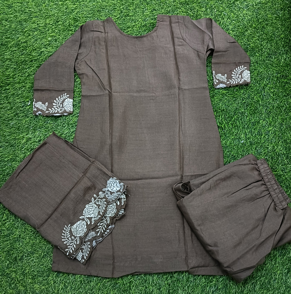 Women’s Chocolate Brown Cotton Blend Embroidered 3-Piece Kurti Set