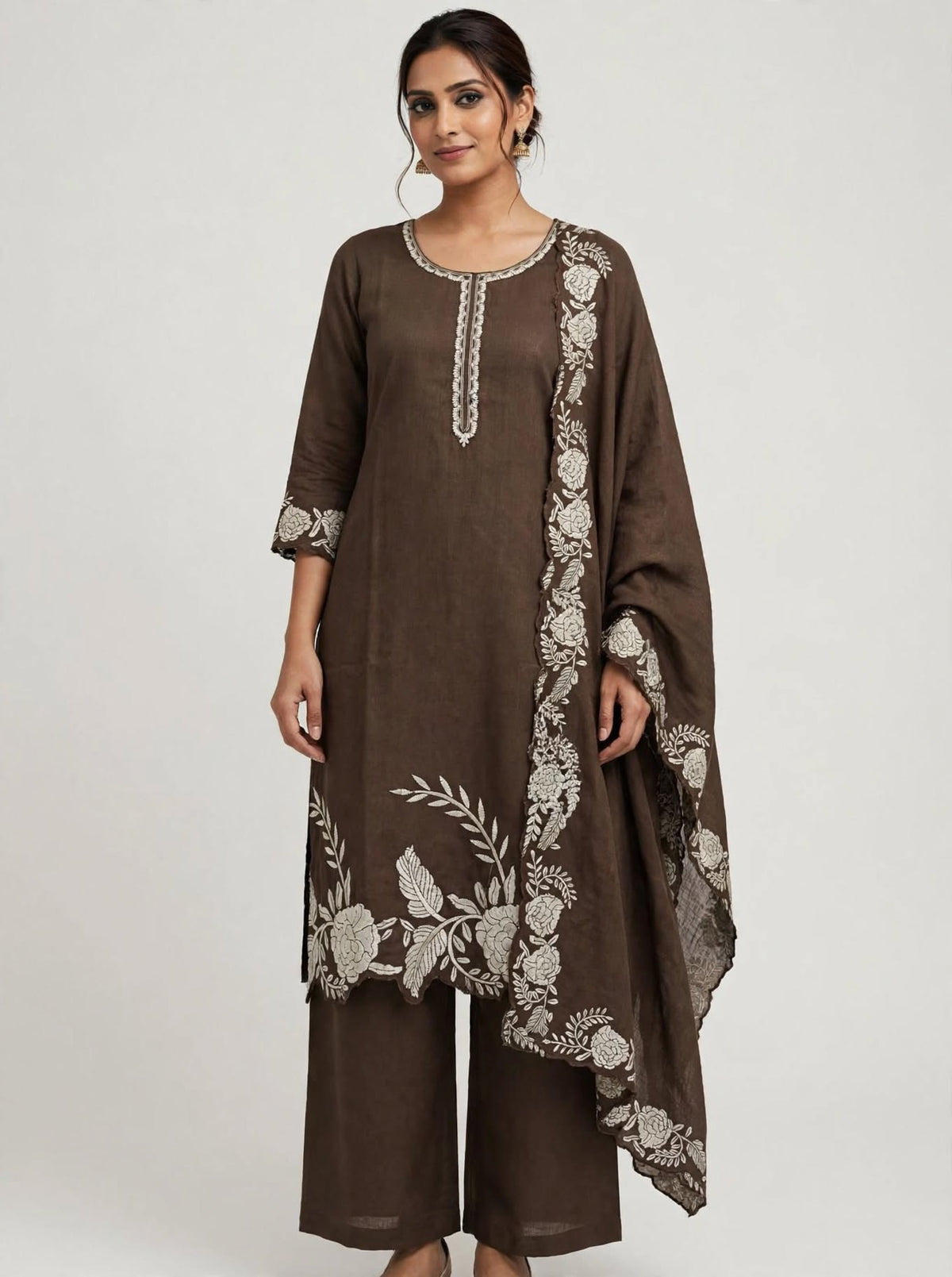 Women’s Chocolate Brown Cotton Blend Embroidered 3-Piece Kurti Set