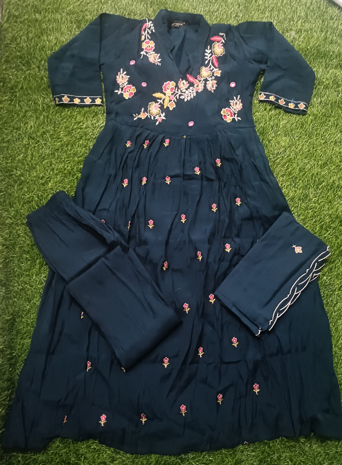 Women’s Dark Teal Silk Blend Floral Embroidered 3-Piece Kurti set