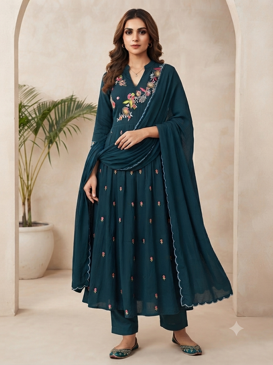 Women’s Dark Teal Silk Blend Floral Embroidered 3-Piece Kurti set