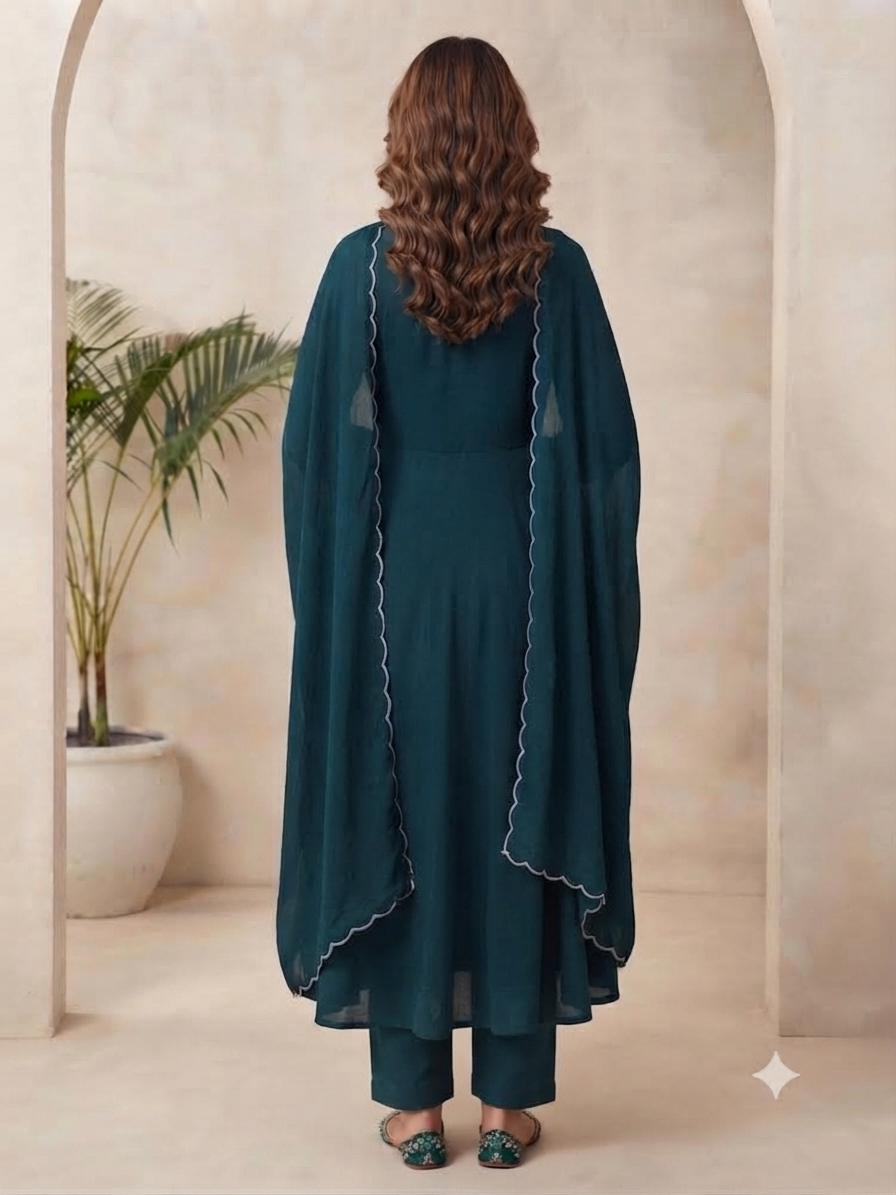 Women’s Dark Teal Silk Blend Floral Embroidered 3-Piece Kurti set