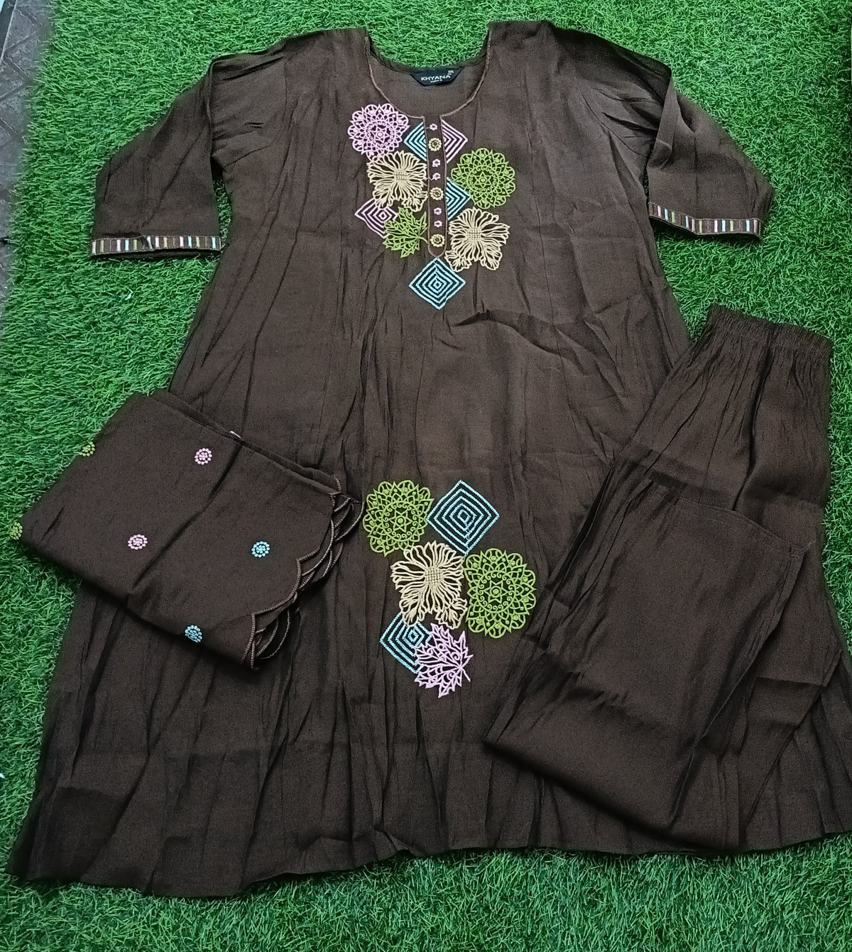 Women’s Chocolate Brown Rayon Blend Embroidered 3-Piece Kurti set