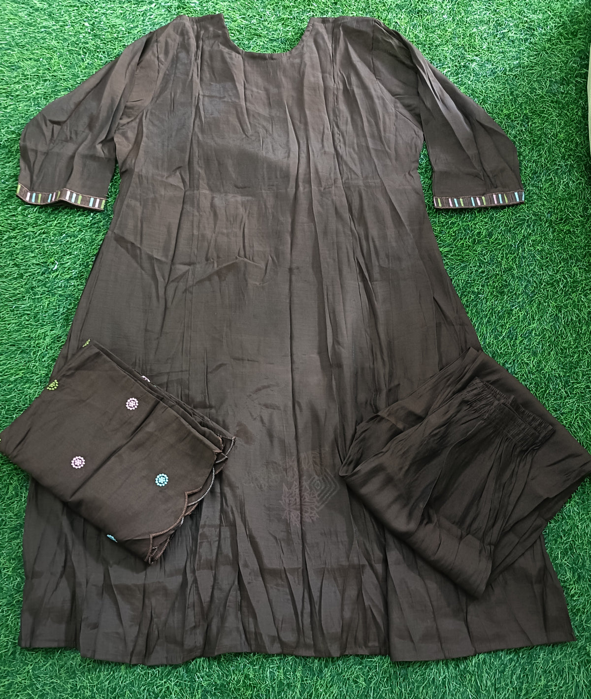 Women’s Chocolate Brown Rayon Blend Embroidered 3-Piece Kurti set