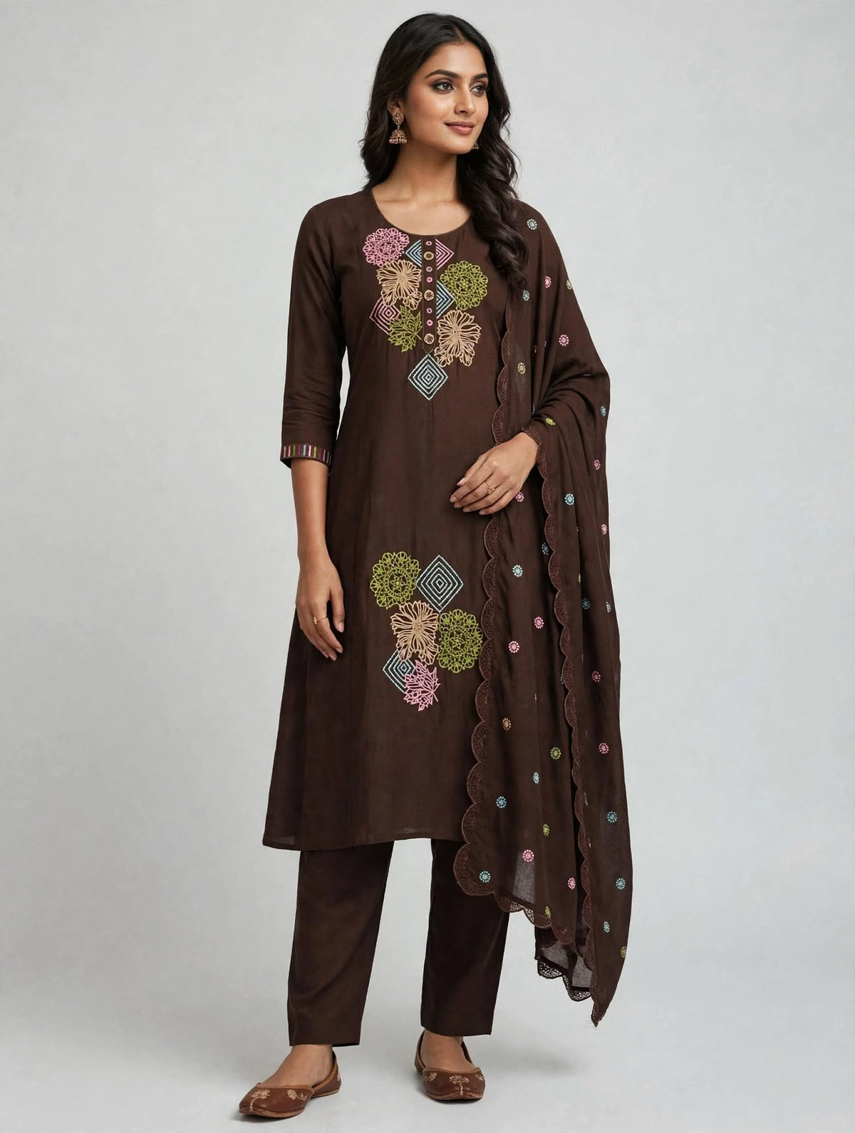 Women’s Chocolate Brown Rayon Blend Embroidered 3-Piece Kurti set