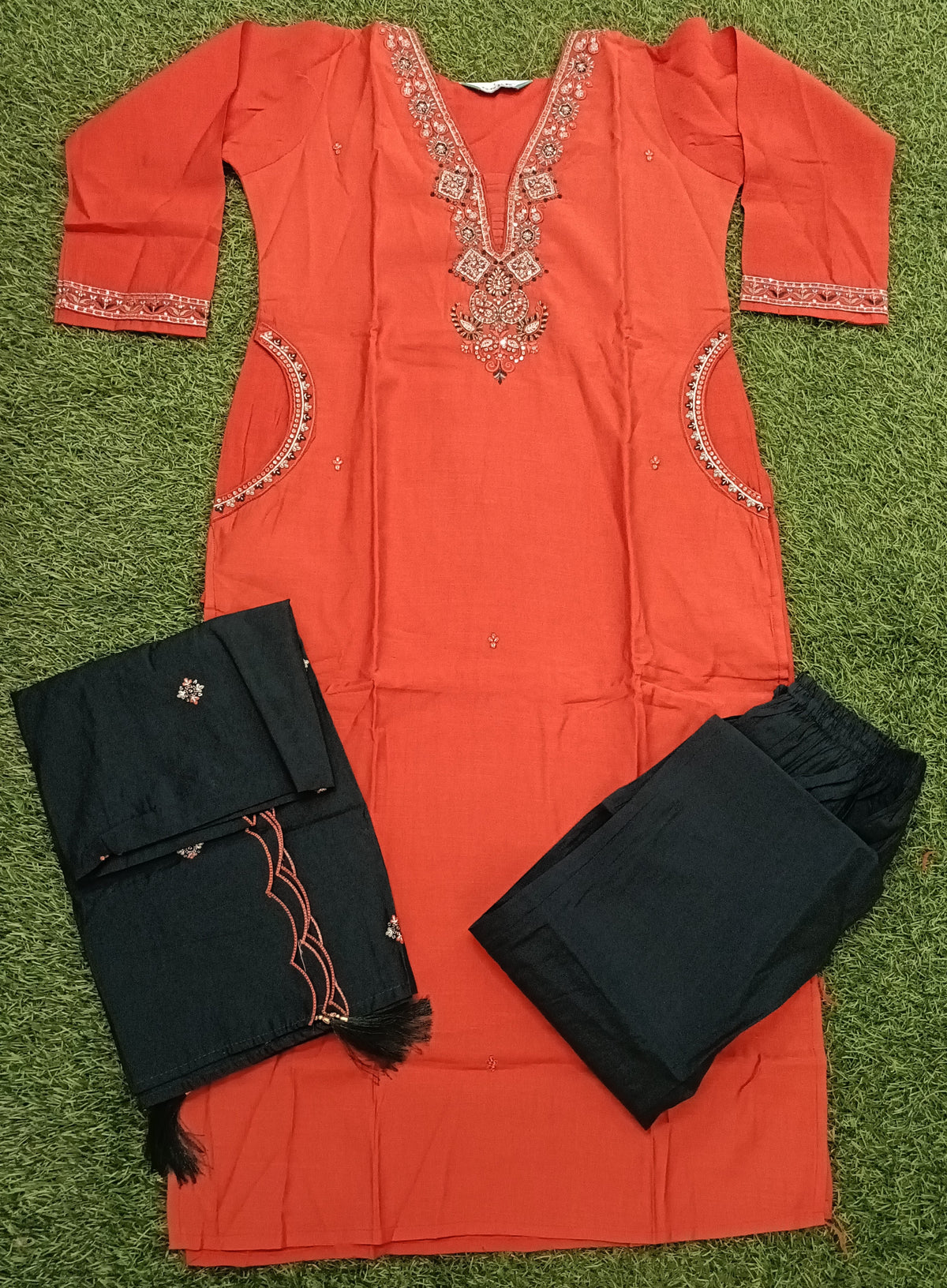 Women’s Rust Orange Cotton Embroidered 3-Piece Kurti set with Black Pants & Dupatta