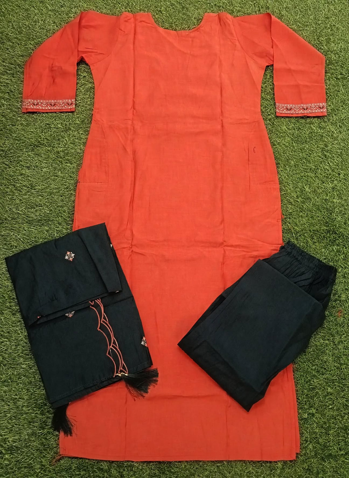 Women’s Rust Orange Cotton Embroidered 3-Piece Kurti set with Black Pants & Dupatta