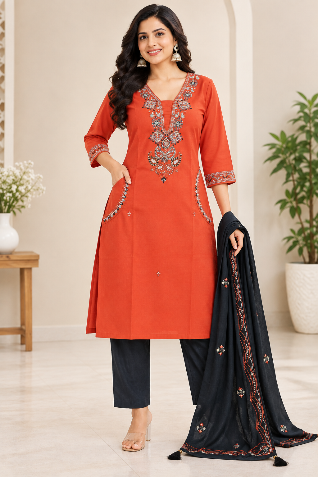 Women’s Rust Orange Cotton Embroidered 3-Piece Kurti set with Black Pants & Dupatta