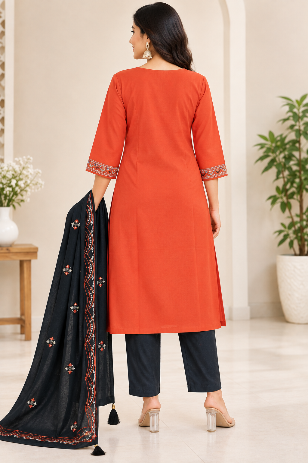 Women’s Rust Orange Cotton Embroidered 3-Piece Kurti set with Black Pants & Dupatta