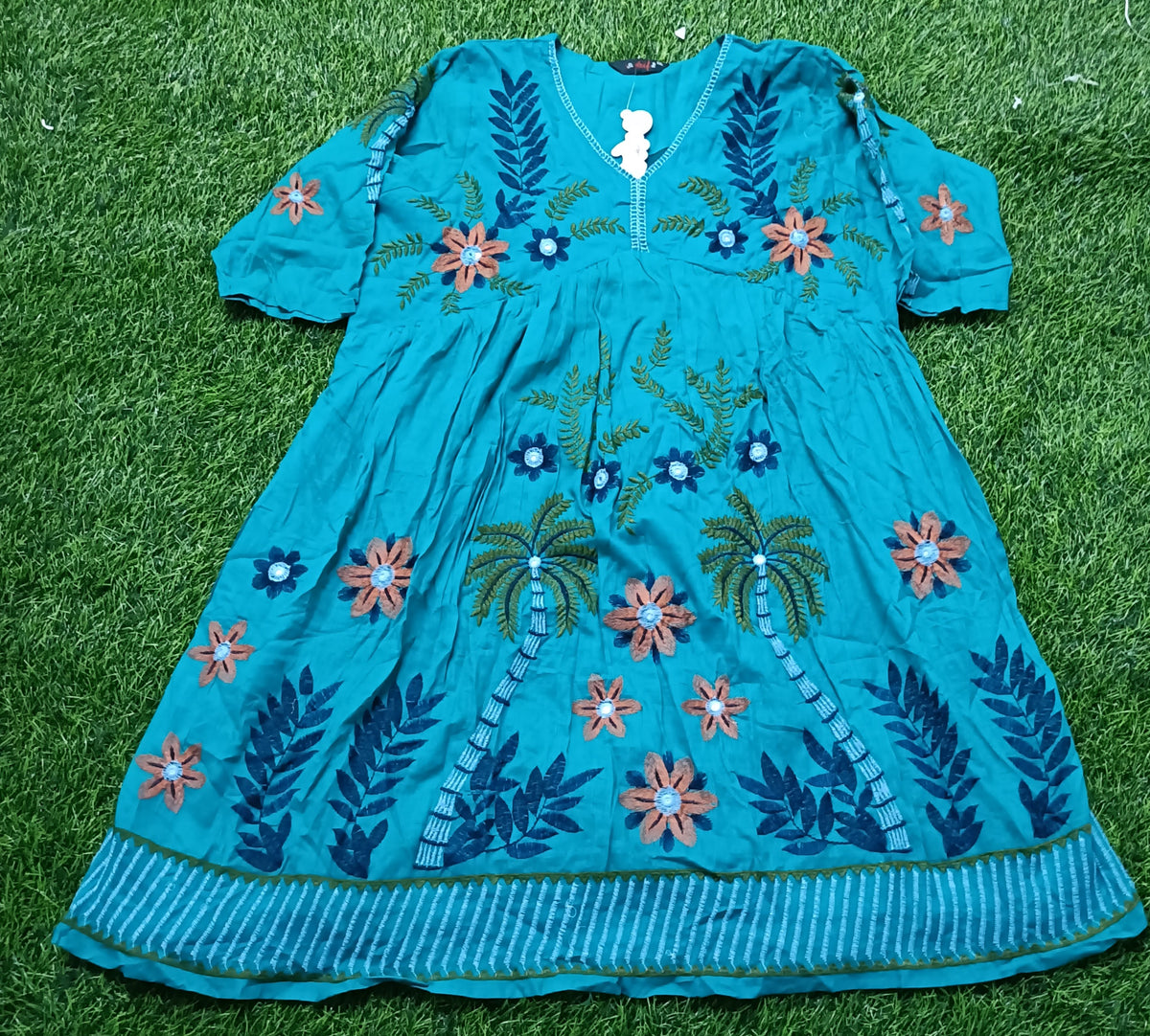 Women’s Teal Blue Cotton Floral Embroidered Flared Kurti