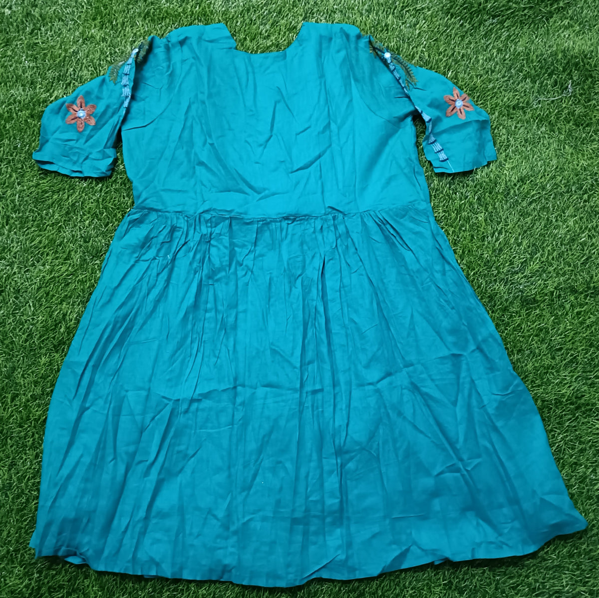Women’s Teal Blue Cotton Floral Embroidered Flared Kurti
