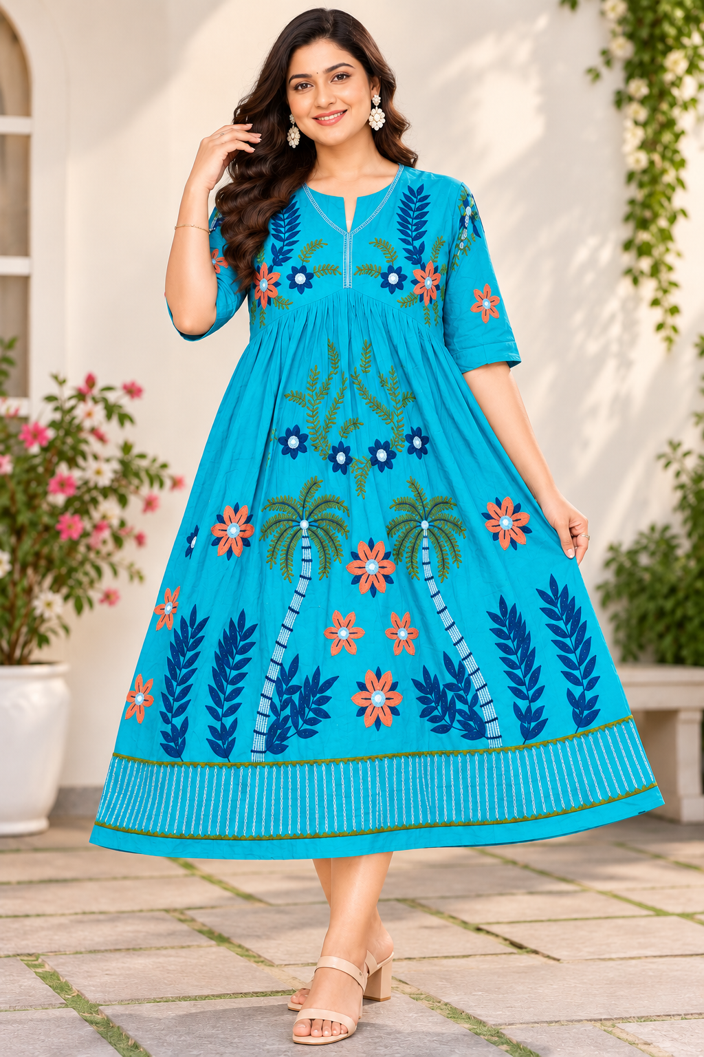 Women’s Teal Blue Cotton Floral Embroidered Flared Kurti