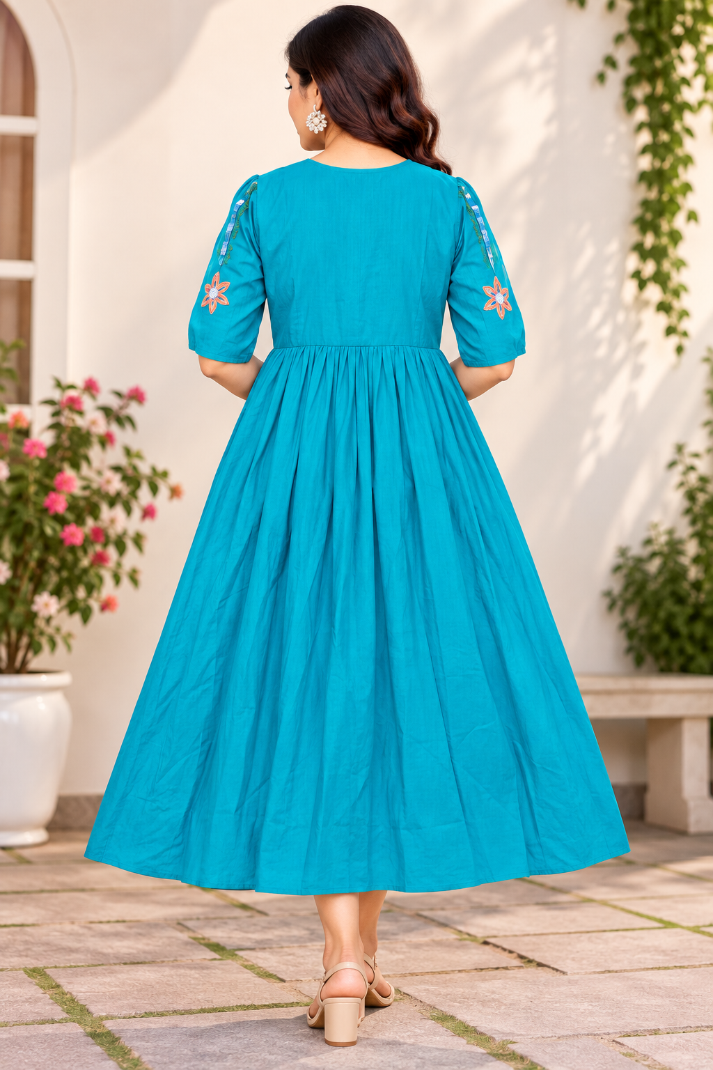 Women’s Teal Blue Cotton Floral Embroidered Flared Kurti