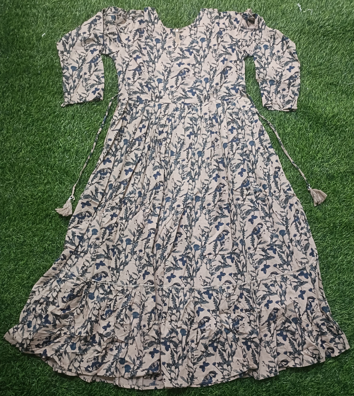 Women’s Beige Cotton Blend Navy Floral Printed Anarkali Kurti
