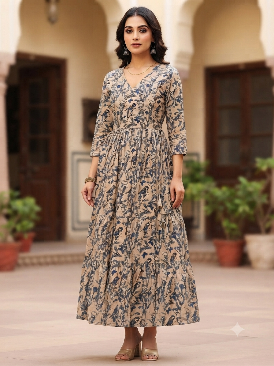 Women’s Beige Cotton Blend Navy Floral Printed Anarkali Kurti