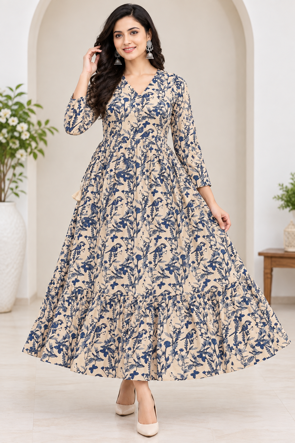 Women’s Beige Cotton Blend Navy Floral Printed Anarkali Kurti