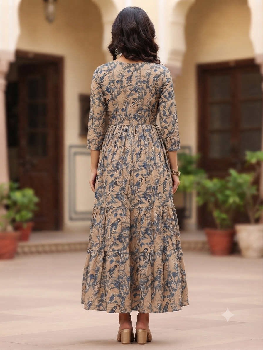 Women’s Beige Cotton Blend Navy Floral Printed Anarkali Kurti