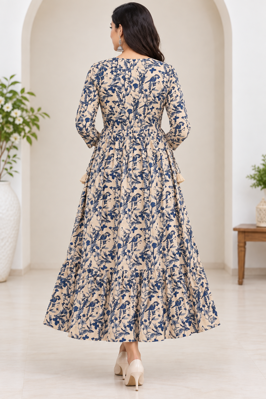 Women’s Beige Cotton Blend Navy Floral Printed Anarkali Kurti