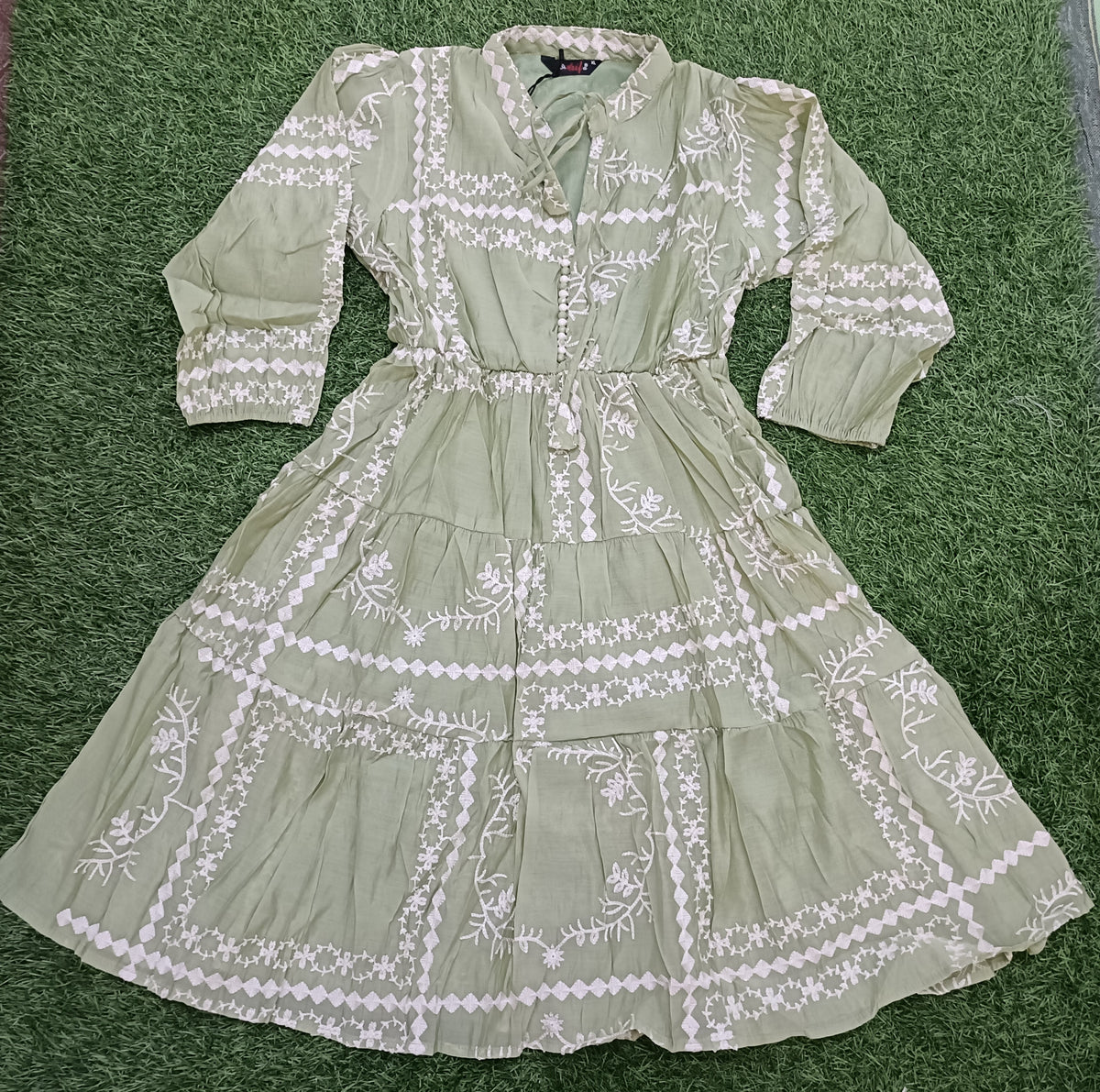 Women’s Light Pista Green Cotton Embroidered Tiered Long Kurti