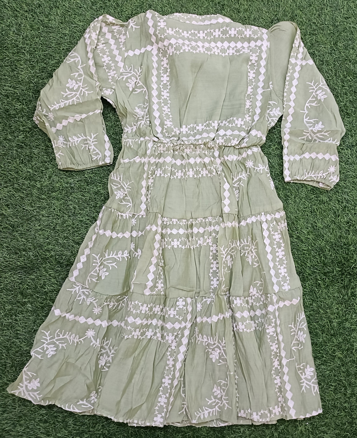 Women’s Light Pista Green Cotton Embroidered Tiered Long Kurti
