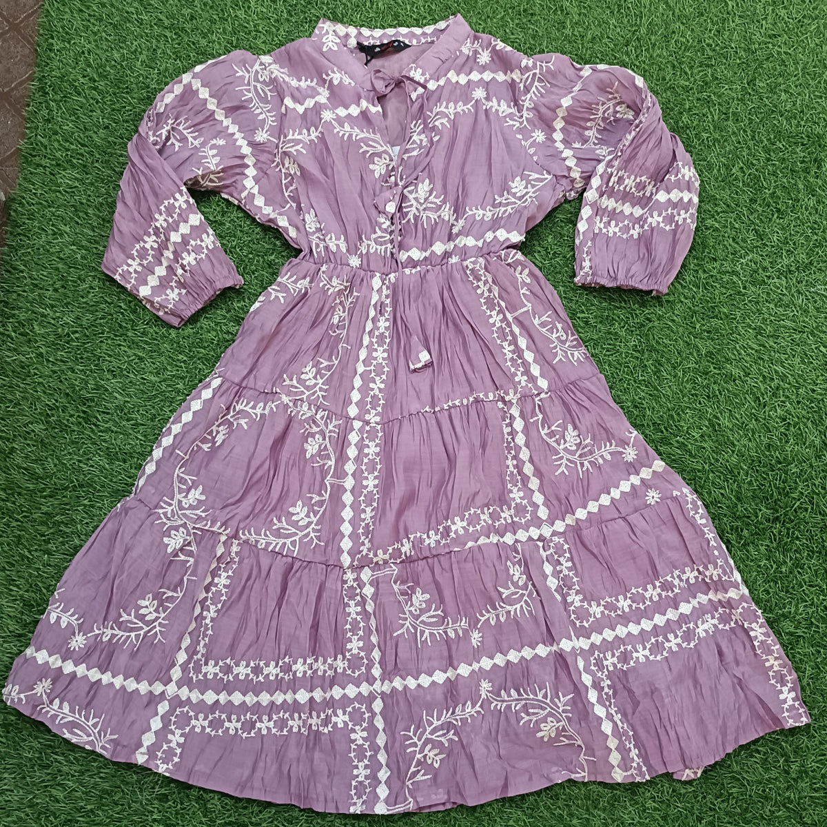Women’s Dusty Mauve Cotton Embroidered Tiered Long Kurti