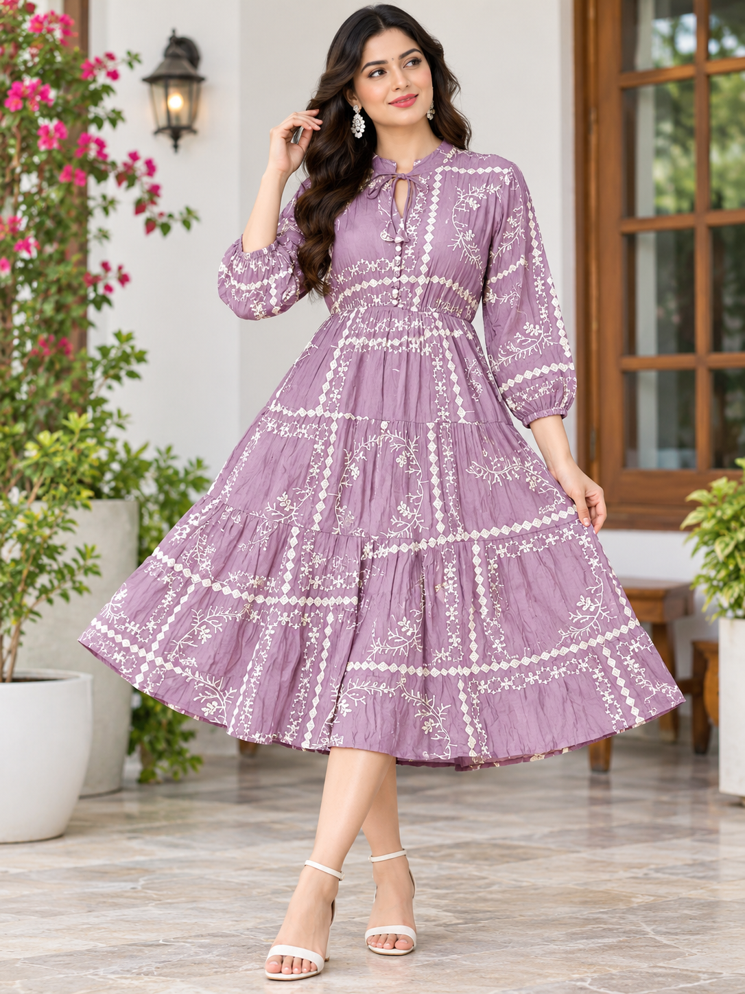 Women’s Dusty Mauve Cotton Embroidered Tiered Long Kurti