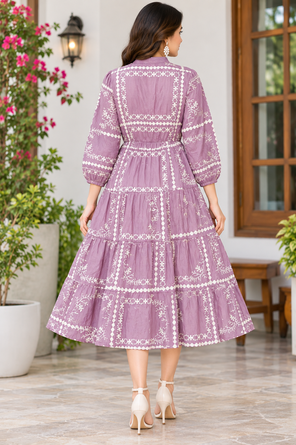 Women’s Dusty Mauve Cotton Embroidered Tiered Long Kurti