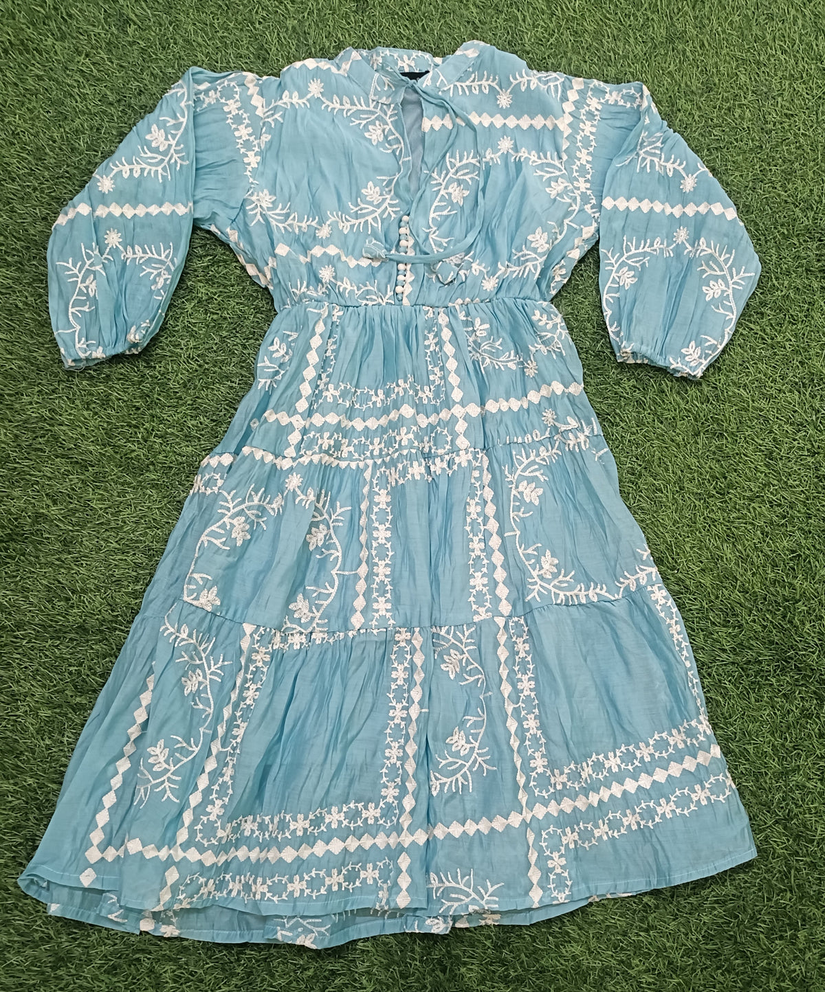 Women’s Sky Blue Cotton Embroidered Tiered Long Dress